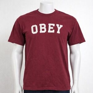 Obey Mens Graphic T-Shirt Maroon Burgundy Logo Short Sleeve Crewneck Large